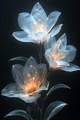 Three White Flowers With Glowing Petals on a Black Background