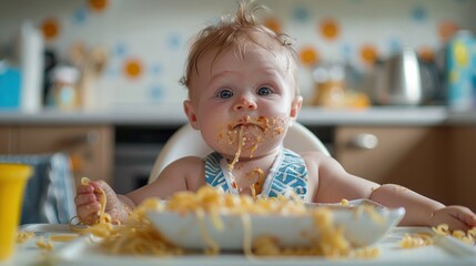 Messy cute baby eating pasta straight from bowl.