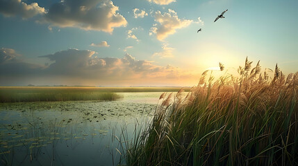 A peaceful marshland with tall reeds and colorful waterfowl