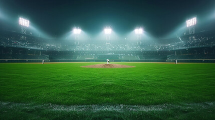 Vibrant shot of a baseball field under the stadium lights, emphasizing the immaculate pitcher's...