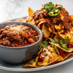 Corn chips nachos with fried minced meat and guacamole isolated on white background