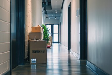 Modern corridor in a commercial or residential building with scattered boxes along the walls during a move.