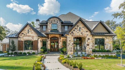 Beautiful home exterior in the traditional style with brick and stone, front view