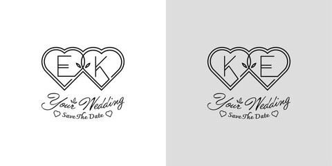 Letters EK and KE Wedding Love Logo, for couples with E and K initials
