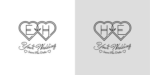 Letters EH and HE Wedding Love Logo, for couples with E and H initials