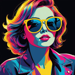 Pop Art beauriful woman with sunglasses neon