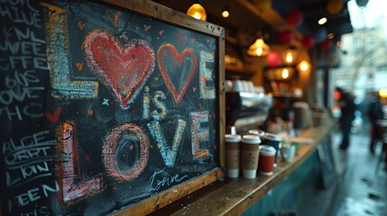 Detailed drawing of a Love is Love message on a marquee at a theater The background shows people lining up for a show