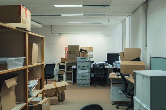 Office space filled with unorganized cardboard boxes, furniture, and electronic devices. No people visible.