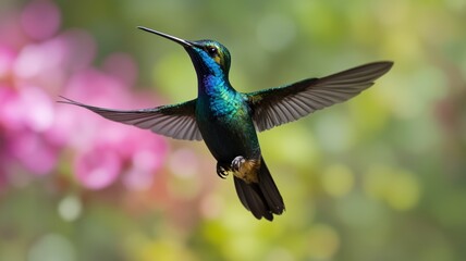 Obraz premium Hummingbird close-up in flight against a background of greenery and flowers in bokeh