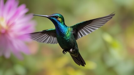 Obraz premium Hummingbird close-up in flight against a background of greenery and flowers in bokeh
