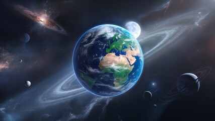 Fototapeta premium A captivating illustration of Earth floating in a vast expanse of the cosmos, surrounded by celestial bodies and cosmic dust