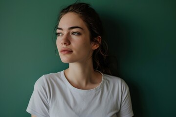 Fototapeta premium a woman in a white t-shirt stands in front of a green colorbackground, AI-generated