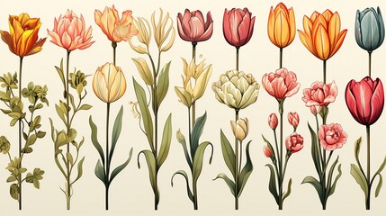 Obraz premium Collection of tulip flower bouquets, set isolated on transparent white background.