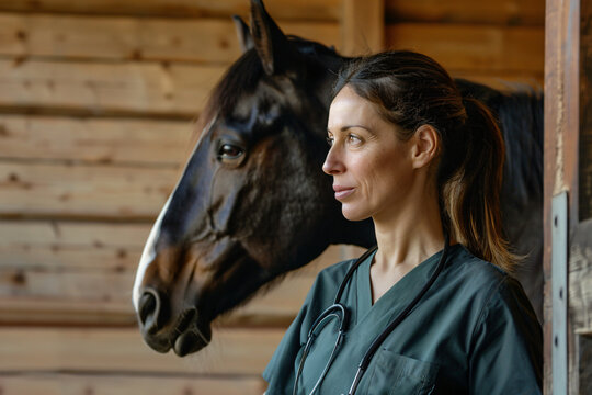 Serene female veterinarian connects with a gentle horse inside a stable, exemplifying the bond between animals and animal care professionals