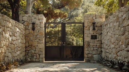 An automatic sliding gate with remote control, set in a tall stone wall