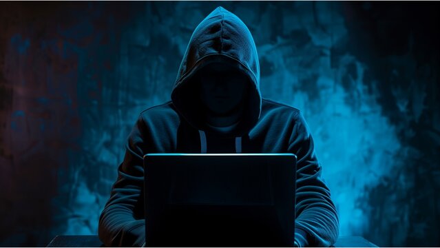 a figure in a hooded sweatshirt sitting in front of a laptop, with their face obscured by the shadow of the hood, creating an air of mystery or anonymity