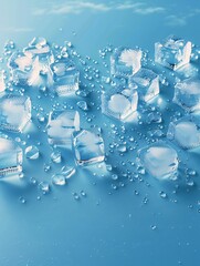 https://s.mj.run/9qBFnTpFBDE Scattered ice blocks on a sky blue background, refreshing, with white space in the middle and a frontal view, minimalist photography style, 4k sref 