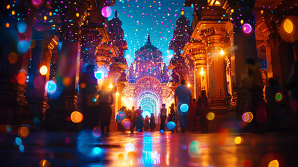 Naklejka premium A colorful and vibrant image of a temple with bokeh lights in the foreground