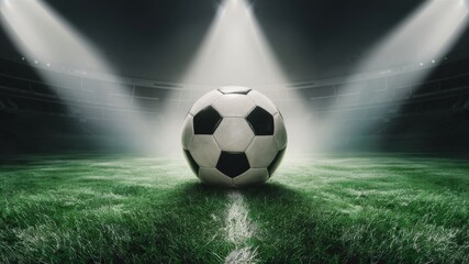 A stunning photograph of a classic soccer ball, placed perfectly in the center of a vast, illuminated stadium