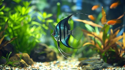 fish in aquarium, an underwater view of an aquarium with a prominent blue angelfish in the center