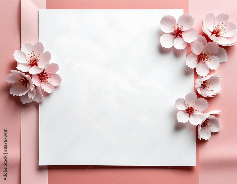 Wall mural Greeting card, invitation card Concept template. Empty white paper with sakura flower beside the paper - Wall murals