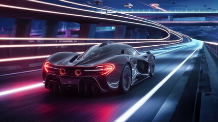 Fototapeta premium Futuristic concept showcasing a high speed supercar racing on a technologically advanced highway adorned with trail lights