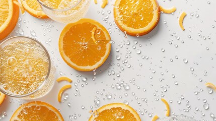 Refreshing Orange Juice Splash with Fresh Fruit Slices on White background