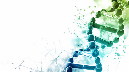 Illustration of a blue and green DNA molecular structure in a white background.