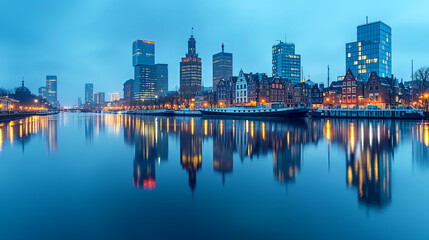 modern city skyline with reflections on water at dawn