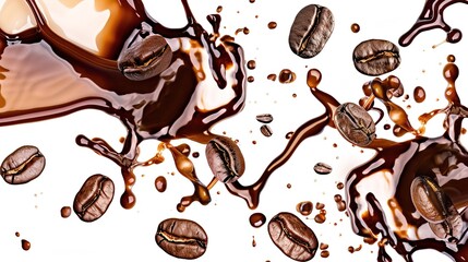Delicious coffee beans in splashes of coffee, isolated on white background. AI