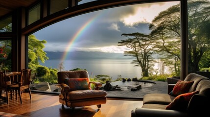Fototapeta premium Cozy cabin window view by the lake. 