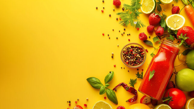 Fresh fruits and vegetables on yellow background, ideal for promoting healthy eating and organic ingredients