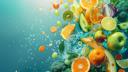 fruits vegetables and water splashing on a blue background