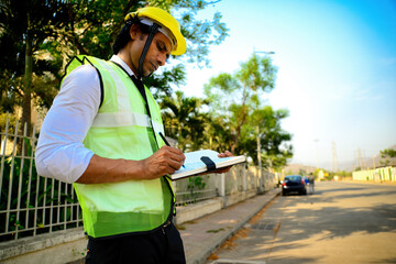 Construction worker writing on clipboard on street