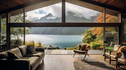 Fototapeta premium Cozy cabin window view by the lake. 