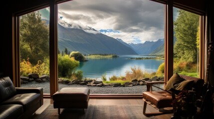 Fototapeta premium Cozy cabin window view by the lake. 