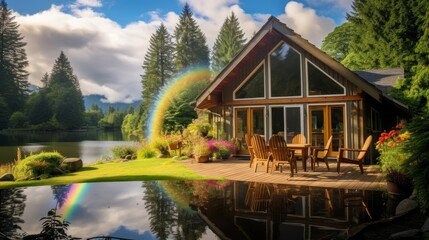 Fototapeta premium Cozy cabin window view by the lake. 