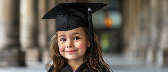 Smiling young girl in graduation cap and gown, celebrating academic achievement. Education milestone captured in charming portrait.