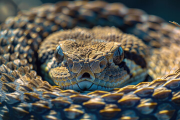 Obraz premium Close-Up of Coiled Rattlesnake with Intense Gaze in Natural Habitat