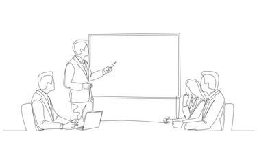 Continuous one line drawing of businessman giving project presentation to colleagues, business meeting and discussion concept, single line art.