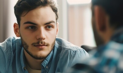Fototapeta premium Close up portrait of a young man during meeting with a psychologist. AI