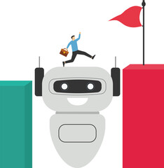 Big robot hand help business people cross problem gap. Support of AI to solve problem, chat bot with ai to help team success. Collaboration with a machine or automated system. vector

