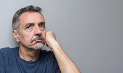 Fototapeta premium Middle age sad caucasian depressed man isolated on a gray background with copy space