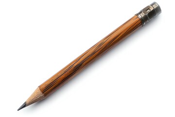 A wooden pencil with a metal tip on a white background. The pencil is sharpened and ready to use.