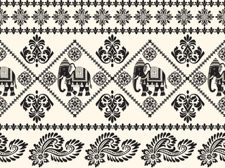 Seamless Pattern Tribal Ethnic indian Elephant pattern,Thai elephant, paisley and hamsa. Ethnic indian elephant background Hand drawn illustration. Wallpaper, cloth design, fabric, tissue, carpet