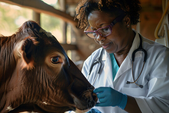Focused female veterinarian wearing glasses examines a brown cow with care inside a rustic barn, showcasing her expertise and empathy