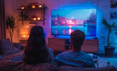 A man and woman are sitting on a couch watching television. The television is on a wall and the room is dimly lit