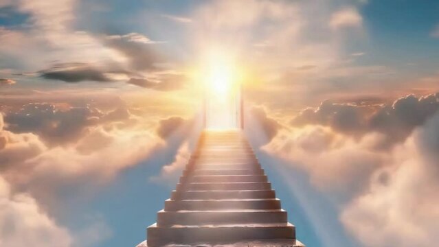 stairs to heaven in sunrise sunset light and clouds.  Concept of ascension and spiritual progress of soul - 4k new stock video footage animation AI