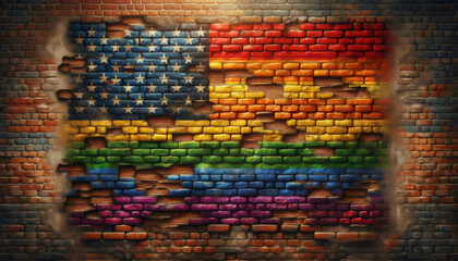 An image portraying a spectacular display of USA version LGBT pride flag on a brick wall