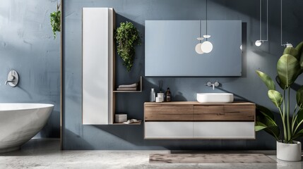 Modern minimalist bathroom interior and bathroom accessories, concrete floor. generative ai